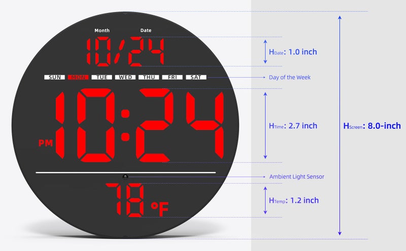 XUANZIT Digital Wall Clock with Large LED Display, Date, Temperature, Auto-Brightness | Small [PLUG-IN] Clock | Modern Electric Wall Clock for Bedroom, Classroom, Living Room, Home, Office, Farmhouse â€“ Red - Image 3