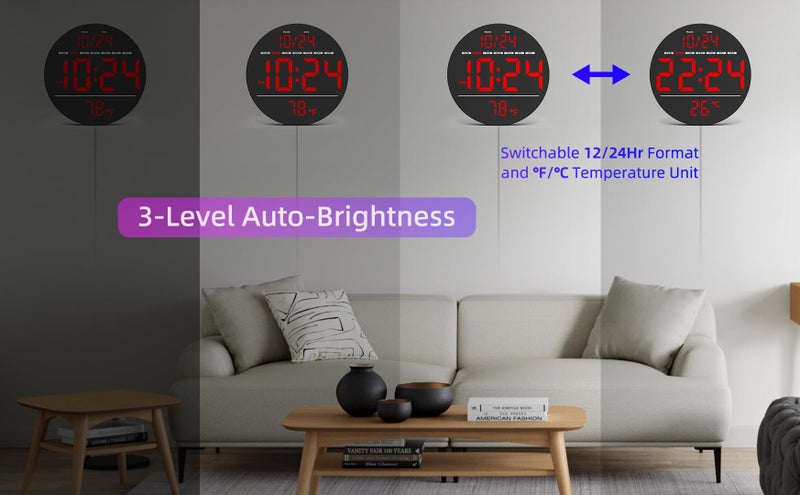 XUANZIT Digital Wall Clock with Large LED Display, Date, Temperature, Auto-Brightness | Small [PLUG-IN] Clock | Modern Electric Wall Clock for Bedroom, Classroom, Living Room, Home, Office, Farmhouse â€“ Red - Image 5