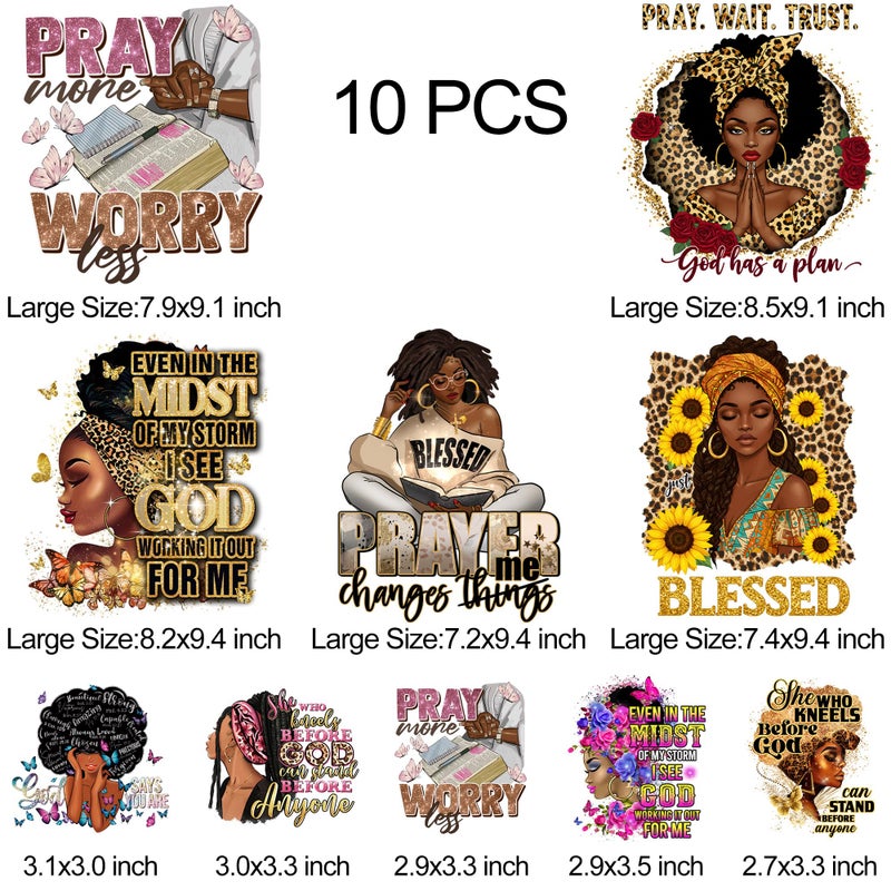 RURUIS 10 PCS Black Woman Iron On Transfer Heat Press Decals for T-Shirt Clothing Washable Heat Transfers Patches Vinyl Sticker Afro Girl DIY Decoration Applique - Image 4