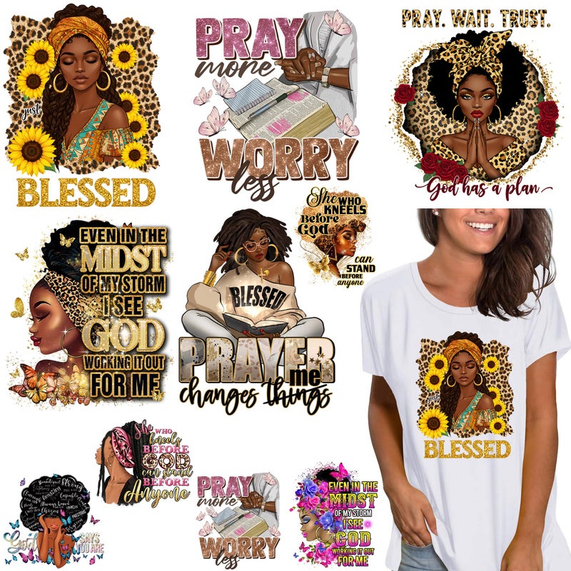 RURUIS 10 PCS Black Woman Iron On Transfer Heat Press Decals for T-Shirt Clothing Washable Heat Transfers Patches Vinyl Sticker Afro Girl DIY Decoration Applique - Image 1