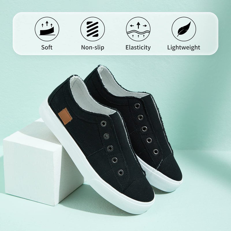 XRH Women's Slip on Shoes Non Slip Fashion Canvas Sneakers Low Top Casual Shoes(Black,US10) - Image 5