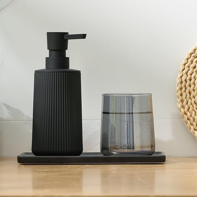 YAUKPH Small Soap Dispenser for Bathroom and Kitchen, Modern Farmhouse Striped Style Plastic Hand Soap Dish Soap Dispenser with Pump Matte Black - Image 2