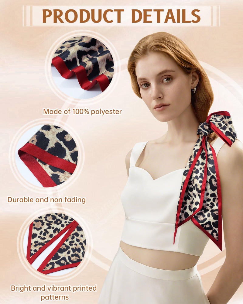 Mesovor Leopard Head Scarf Hair Neck Scarves for Women, Fashion Purse Bag Scarfs | Long Thin Satin Headscarf Headbands (Red-edged Leopard) - Image 3