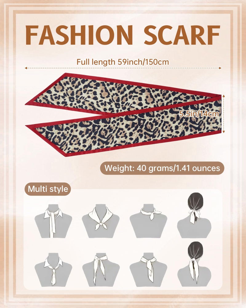 Mesovor Leopard Head Scarf Hair Neck Scarves for Women, Fashion Purse Bag Scarfs | Long Thin Satin Headscarf Headbands (Red-edged Leopard) - Image 2
