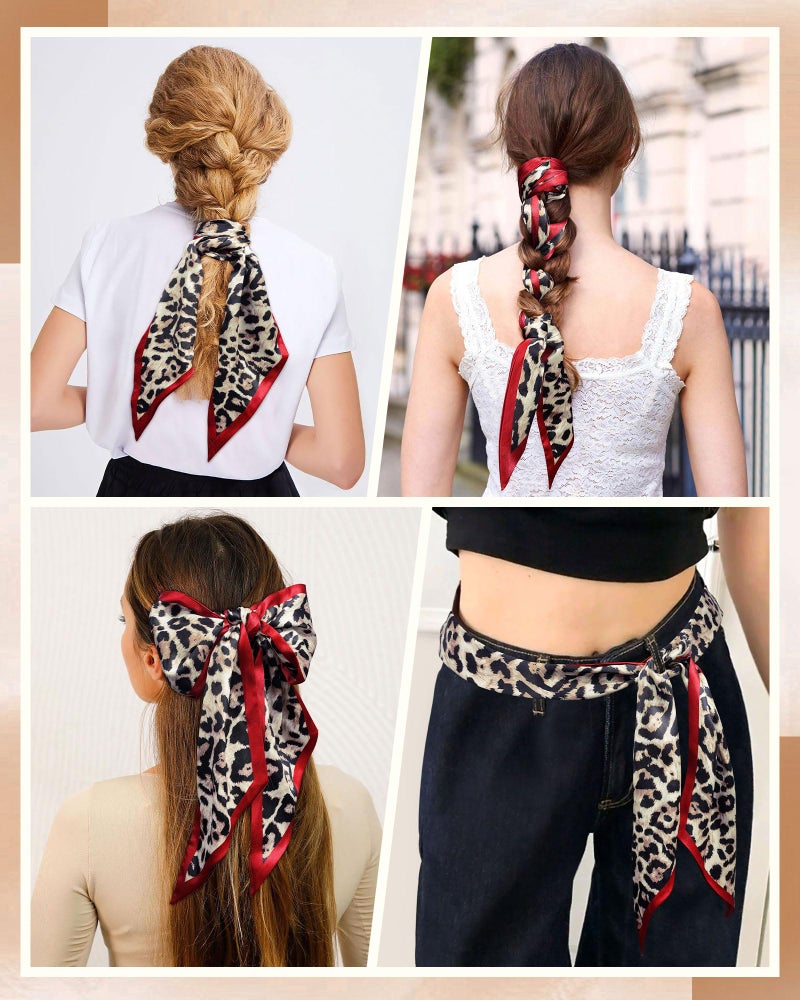 Mesovor Leopard Head Scarf Hair Neck Scarves for Women, Fashion Purse Bag Scarfs | Long Thin Satin Headscarf Headbands (Red-edged Leopard) - Image 5