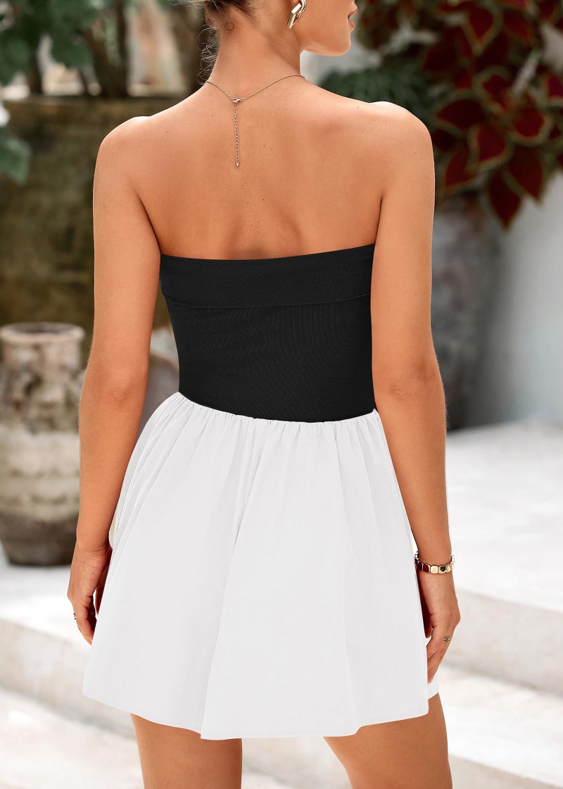 KIRUNDO Summer Rompers For Women 2026 Casual One Piece Strapless Tube Top Sleeveless Skort Short Jumpsuit Beach Vacation(Black White, Medium) - Image 2