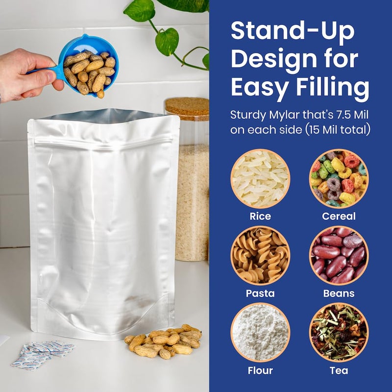Wallaby 30 Count 1-Gallon Gusset Mylar Bags with 400cc Oxygen Absorbers, 15 Mil Total Thickness Long-Term Food Storage Pouches, 10x14 Stand-Up Zipper Heat-Sealable Airtight Packaging - Silver - Image 4