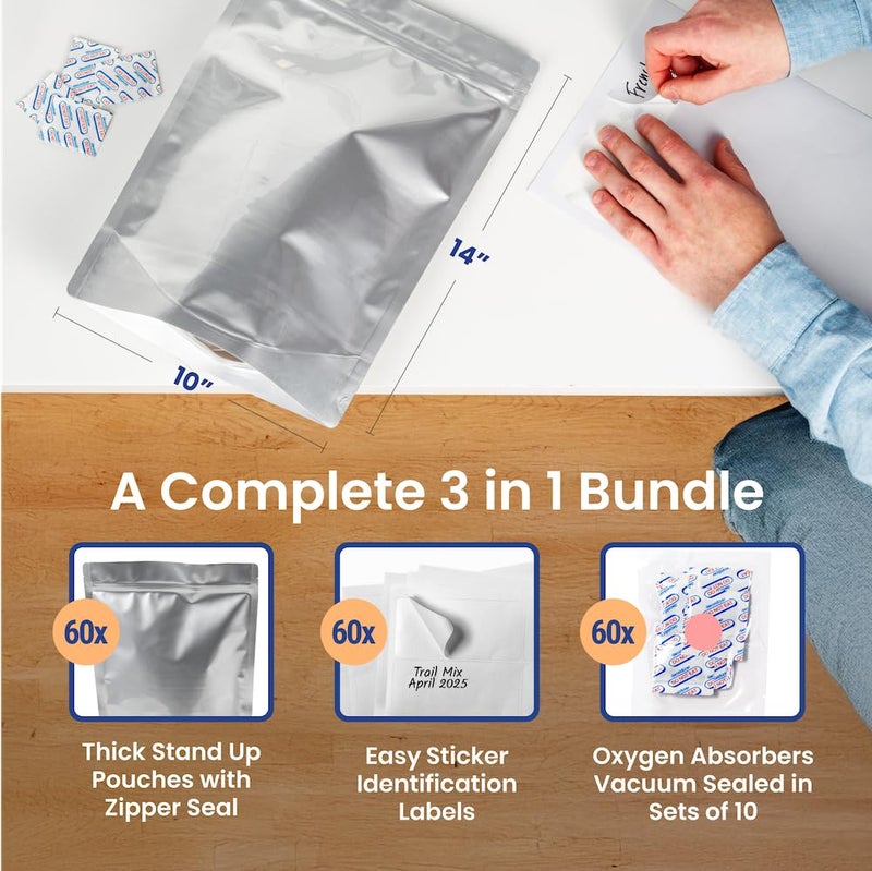 Wallaby 30 Count 1-Gallon Gusset Mylar Bags with 400cc Oxygen Absorbers, 15 Mil Total Thickness Long-Term Food Storage Pouches, 10x14 Stand-Up Zipper Heat-Sealable Airtight Packaging - Silver - Image 2