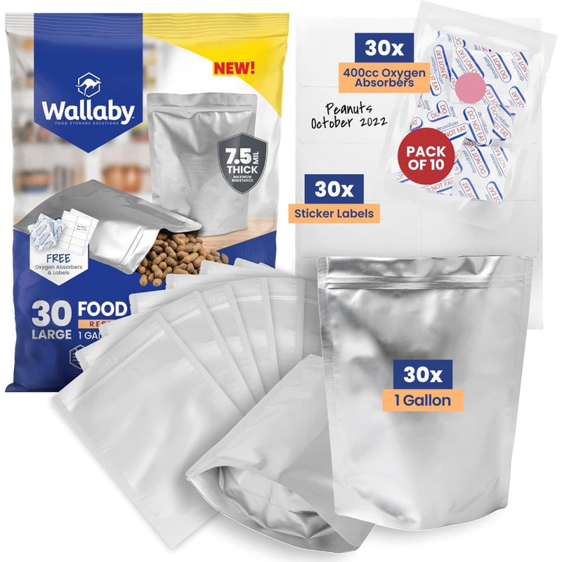 Wallaby 30 Count 1-Gallon Gusset Mylar Bags with 400cc Oxygen Absorbers, 15 Mil Total Thickness Long-Term Food Storage Pouches, 10x14 Stand-Up Zipper Heat-Sealable Airtight Packaging - Silver - Image 1
