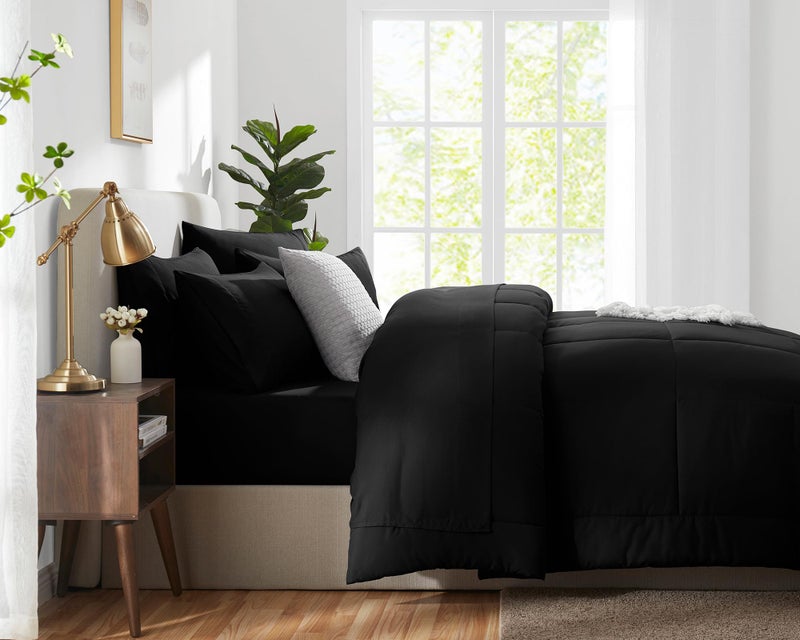 CozyLux Queen Comforter Set Black, 7 Pieces Bed in a Bag, Black Comforter Queen Size, All Season Bedding Sets with Stitch Quilted Comforter, Flat Sheet, Fitted Sheet, Pillowcases - Image 4