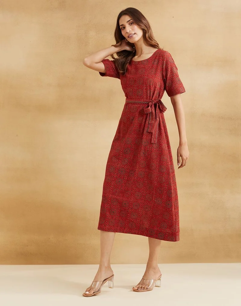 Fabindia  Red Cotton Ajrakh Printed Midi Dress for Women | Best Price UAE