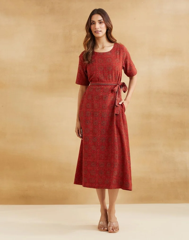 فاب انديا Red Cotton Ajrakh Printed Midi Dress