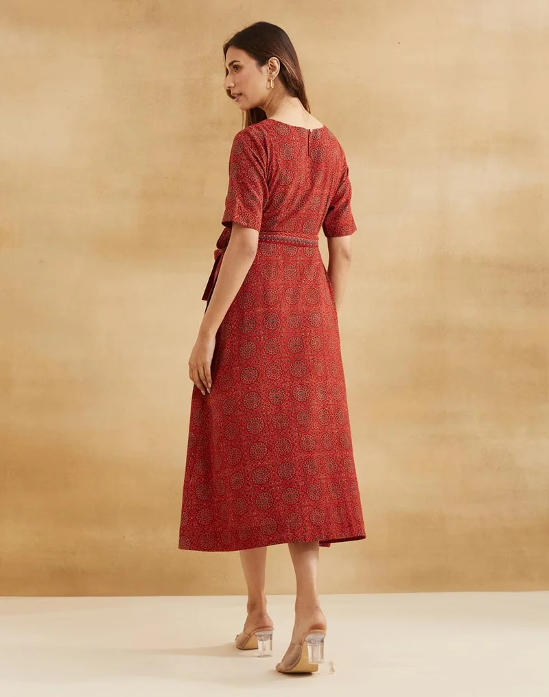 Fabindia  Red Cotton Ajrakh Printed Midi Dress for Women | Best Price UAE