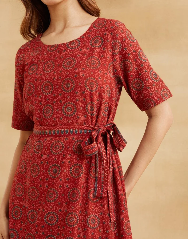 Fabindia  Red Cotton Ajrakh Printed Midi Dress for Women | Best Price UAE