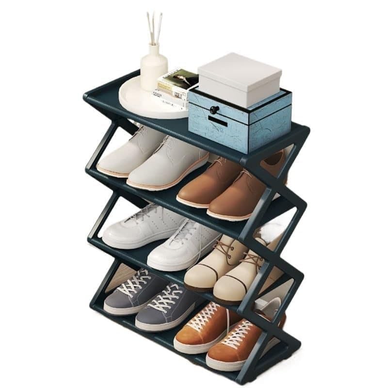 Ecogen 4Tier Adjustable Plastic Shoe Rack and Organizer Stackable Storage Shelf for Bedroom Entryway or Corner Use Collapsible Stand with Slots for Shoes and Books