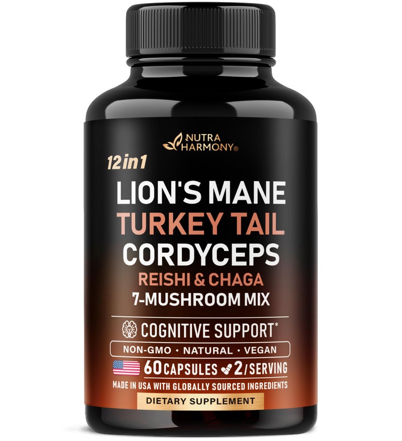 Mushroom Supplement - Organic Lion's Mane | Turkey Tail | Chaga | Cordyceps | Reishi | Maitake | Shiitake | Meshima | Tremella | Oyster | Agaricus - Made in USA - 12-in-1 Complex 12000 mg, 60 Capsules