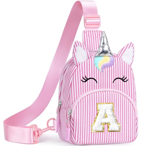 YOOLIFE Unicorn Birthday Gifts for 2 3 4 5 6 7 8 Year Old Girls Kids Initial Sling Bag Letter Fanny Pack for Little Girls Purse Girl Crossbody Bag Personalized Gift for Daughter Sister Pink A - Image 1