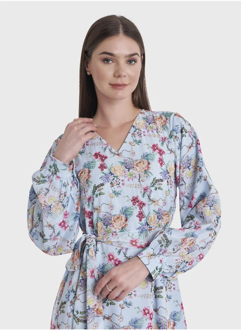 كشخة Floral Print Modest Dress with Stonework