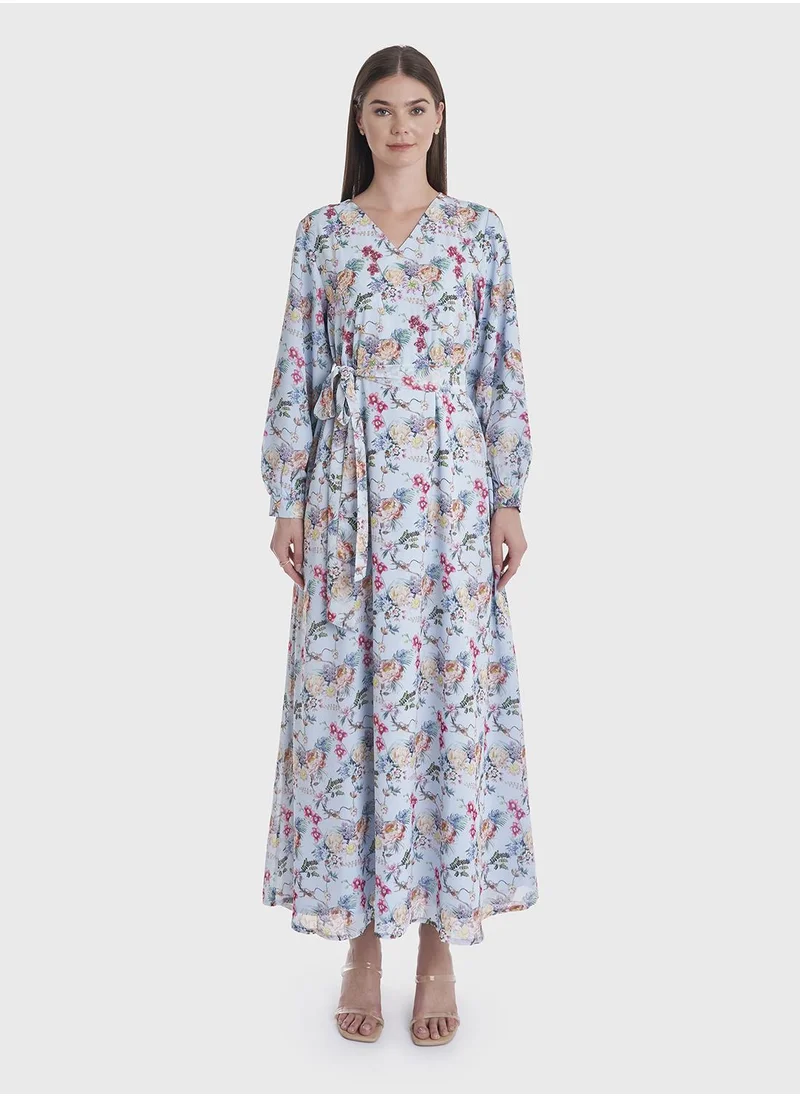 كشخة Floral Print Modest Dress with Stonework