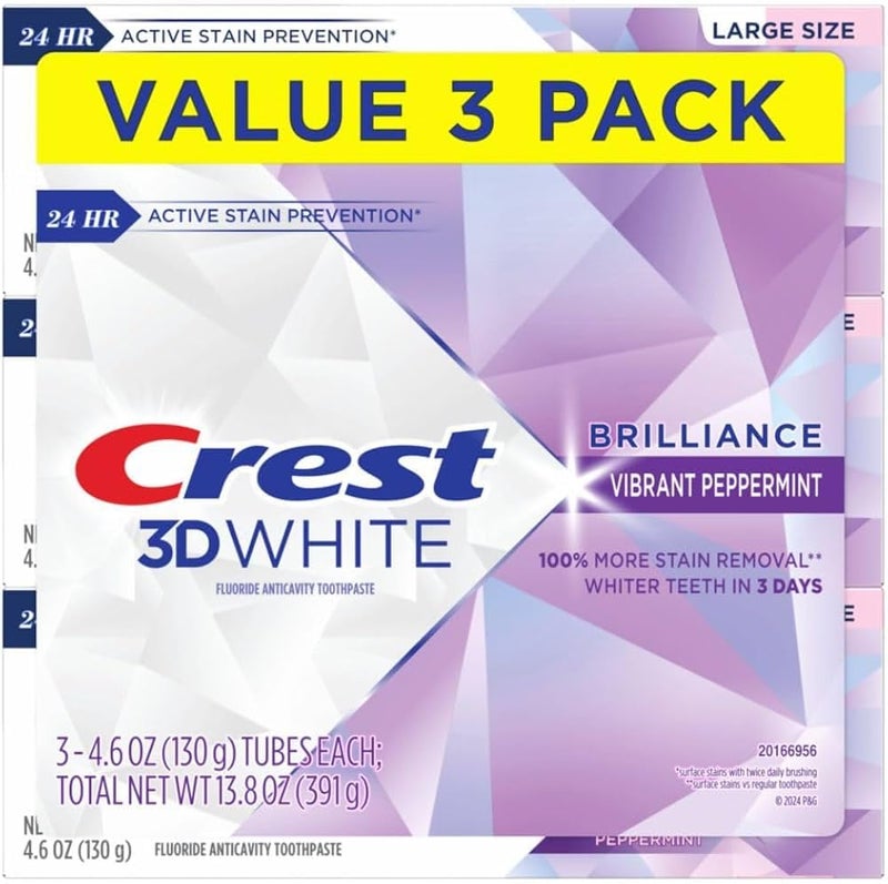 Crest 3D White Brilliance Vibrant Peppermint Teeth Whitening Toothpaste, 4.1 Ounce (Pack of 3)(Packaging May Vary)