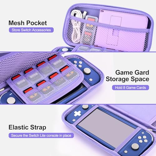 innoAura Switch Lite Case 18-in-1 Accessories Bundle for NS Switch Lite (2019), with Protective Carrying Case, Game Holder, Screen Protector & Cute Thumb Grips, Purple - Image 4