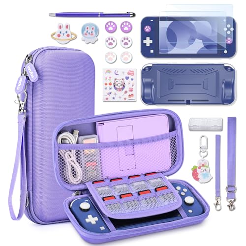 innoAura Switch Lite Case 18-in-1 Accessories Bundle for NS Switch Lite (2019), with Protective Carrying Case, Game Holder, Screen Protector & Cute Thumb Grips, Purple - Image 1