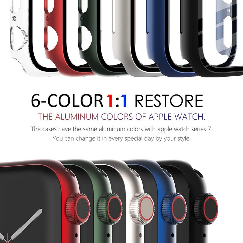 FULLIFE 3 Pack Compatible for Apple Watch Series 8 7 45mm Screen Protector Built in 9H Tempered Glass Film Overall Hard PC Protective Case for iWatch 45mm(Black/Red/Transparent) - Image 3