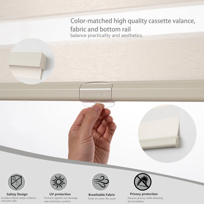 KALYSIE Cordless Zebra Blinds for Windows, Free-Stop Pull Down Roller Window Shades with Valance, Light Filtering Dual Layers Sheer Shades for Home and Office, Beige, 20" W x 72" H - Image 5