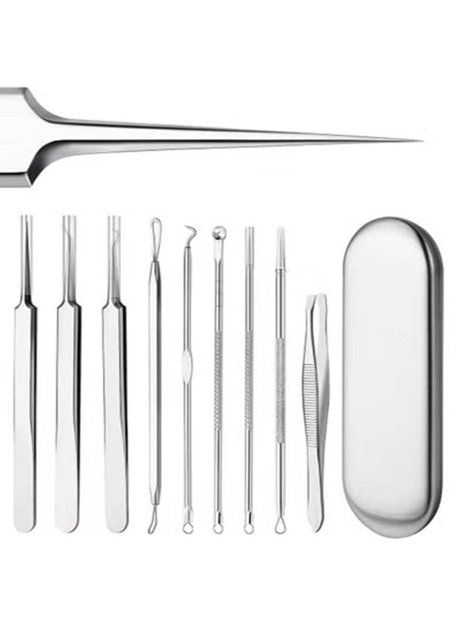 9 قطع من أدوات إزالة الرؤوس السوداء الاحترافية المصنوعة من الفولاذ المقاوم للصدأ لإزالة الرؤوس السوداء والبثور على الوجه - مجموعة إزالة حب الشباب مع حقيبة معدنية (فضية) - Image 1