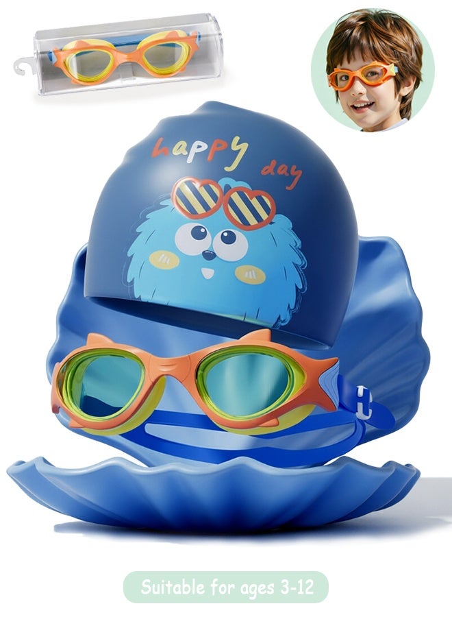 MXN Kids Waterproof and Anti-Fog Swim Goggles Silicone Swim Cap with Storage Case for Kids 3-12 - Cartoon Waterproof Bathing Caps Ultra Wide HD Swimming Goggle for Swimming Diving and Water Parks - Image 1