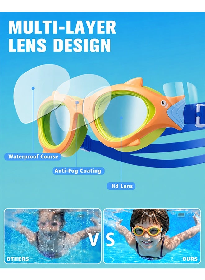 MXN Kids Waterproof and Anti-Fog Swim Goggles Silicone Swim Cap with Storage Case for Kids 3-12 - Cartoon Waterproof Bathing Caps Ultra Wide HD Swimming Goggle for Swimming Diving and Water Parks - Image 2