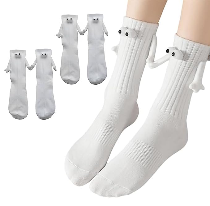 Smilelife 2 Pairs Magnetic Holding Hands Socks - Funny Gifts for Women & Men, Couples, Teens, Friends (White) - Image 1