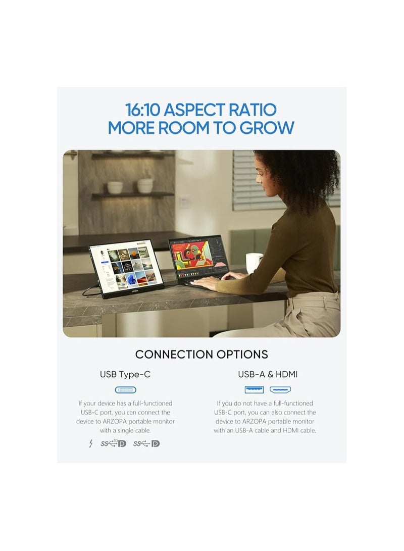 ARZOPA ARZOPA Z1RC 16" Portable Monitor IPS Display, External Second Screen, for Mac Laptop Phone PS4/5 Xbox Switch, 2.5K, 2560x1600, QHD, USB-C, HDMI, Built-in Stand, Eye Care, 123% sRGB  - Image 2