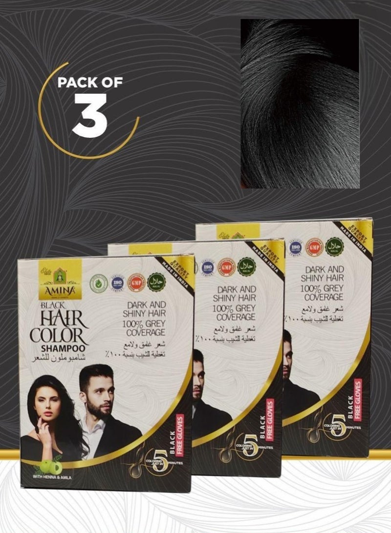 Amina 5 Minute Express Vip Permanent Black Herbal Hair Colour Shampoo With Heena & Amla for Men and Women 60ml (20ml Pack of 3) Quickest Colours For Your Hair With Gloves Free - Image 1
