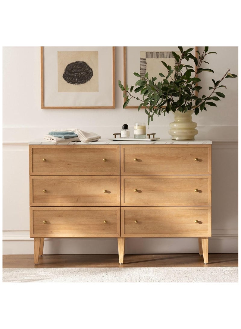 VDNEND Mid Century Modern 6-Drawer Dresser - 120cm Wide Chest of Drawers with Faux Marble Top & Wood Drawers, Natural Oak Storage Organizer for Bedroom, Living Room TV Stand, or Hallway  - Image 1