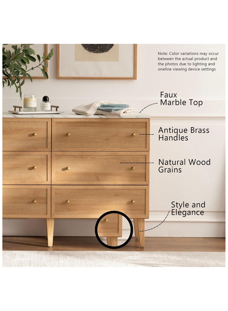 VDNEND Mid Century Modern 6-Drawer Dresser - 120cm Wide Chest of Drawers with Faux Marble Top & Wood Drawers, Natural Oak Storage Organizer for Bedroom, Living Room TV Stand, or Hallway  - Image 3