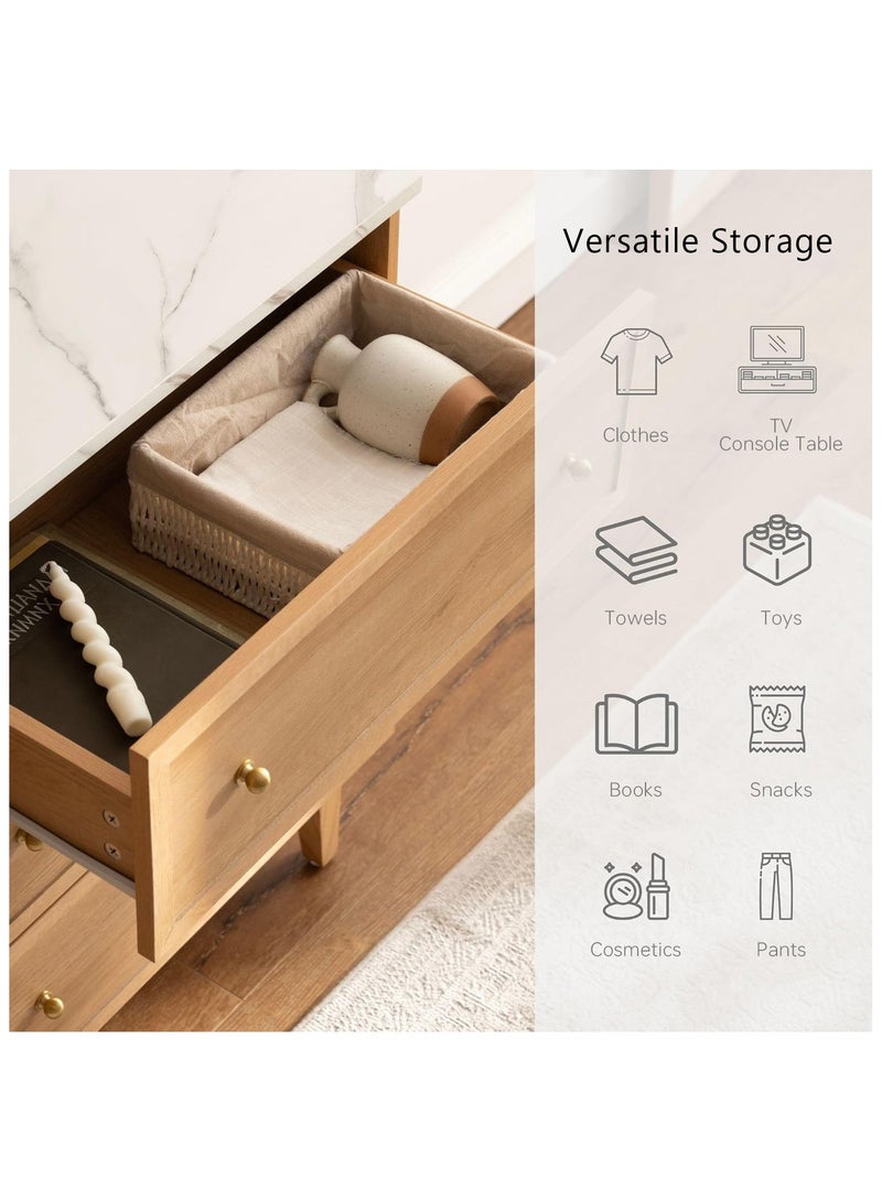 VDNEND Mid Century Modern 6-Drawer Dresser - 120cm Wide Chest of Drawers with Faux Marble Top & Wood Drawers, Natural Oak Storage Organizer for Bedroom, Living Room TV Stand, or Hallway  - Image 4