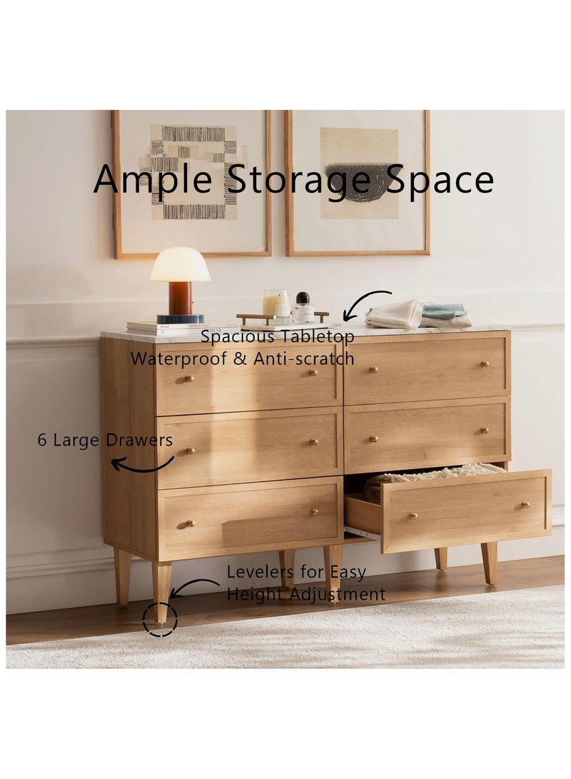 VDNEND Mid Century Modern 6-Drawer Dresser - 120cm Wide Chest of Drawers with Faux Marble Top & Wood Drawers, Natural Oak Storage Organizer for Bedroom, Living Room TV Stand, or Hallway  - Image 5