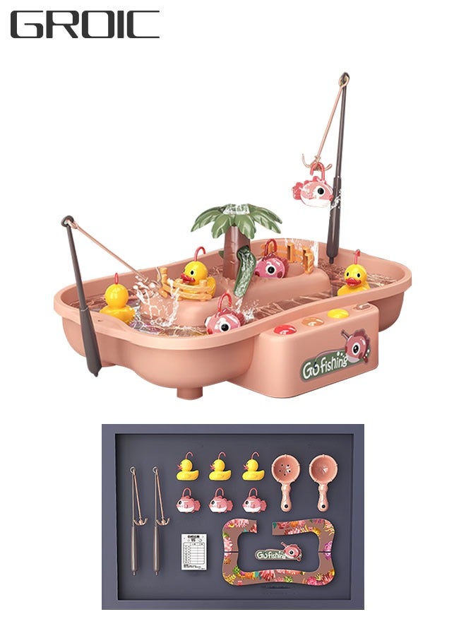 GROIC Fishing Game Toys with Rotating Pond, Yellow Duck and Pink Fish, Water Table Toy Fishing Set Premium Version, Learning Educational Fishing Toy with Music and Light for Boys Girls - Image 1