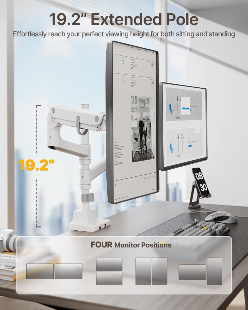 monTEK 17-57 Inch Dual Ultrawide Monitor Arm for Up to 59.4lbs Screen, Aluminum Heavy-Duty Gas Spring Vertical Stackable Curved Screen Adjustable Monitor Stand,75/100mm Vesa Mount, White - Image 3