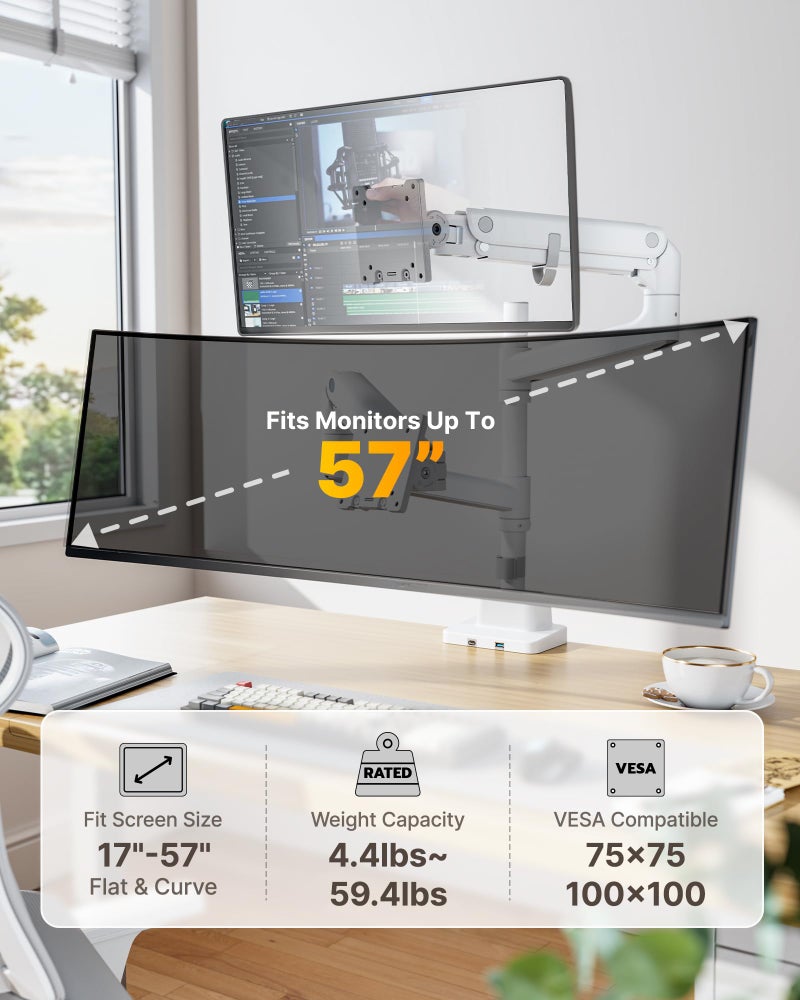 monTEK 17-57 Inch Dual Ultrawide Monitor Arm for Up to 59.4lbs Screen, Aluminum Heavy-Duty Gas Spring Vertical Stackable Curved Screen Adjustable Monitor Stand,75/100mm Vesa Mount, White - Image 2