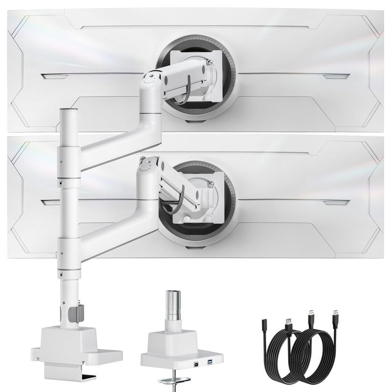 monTEK 17-57 Inch Dual Ultrawide Monitor Arm for Up to 59.4lbs Screen, Aluminum Heavy-Duty Gas Spring Vertical Stackable Curved Screen Adjustable Monitor Stand,75/100mm Vesa Mount, White - Image 1