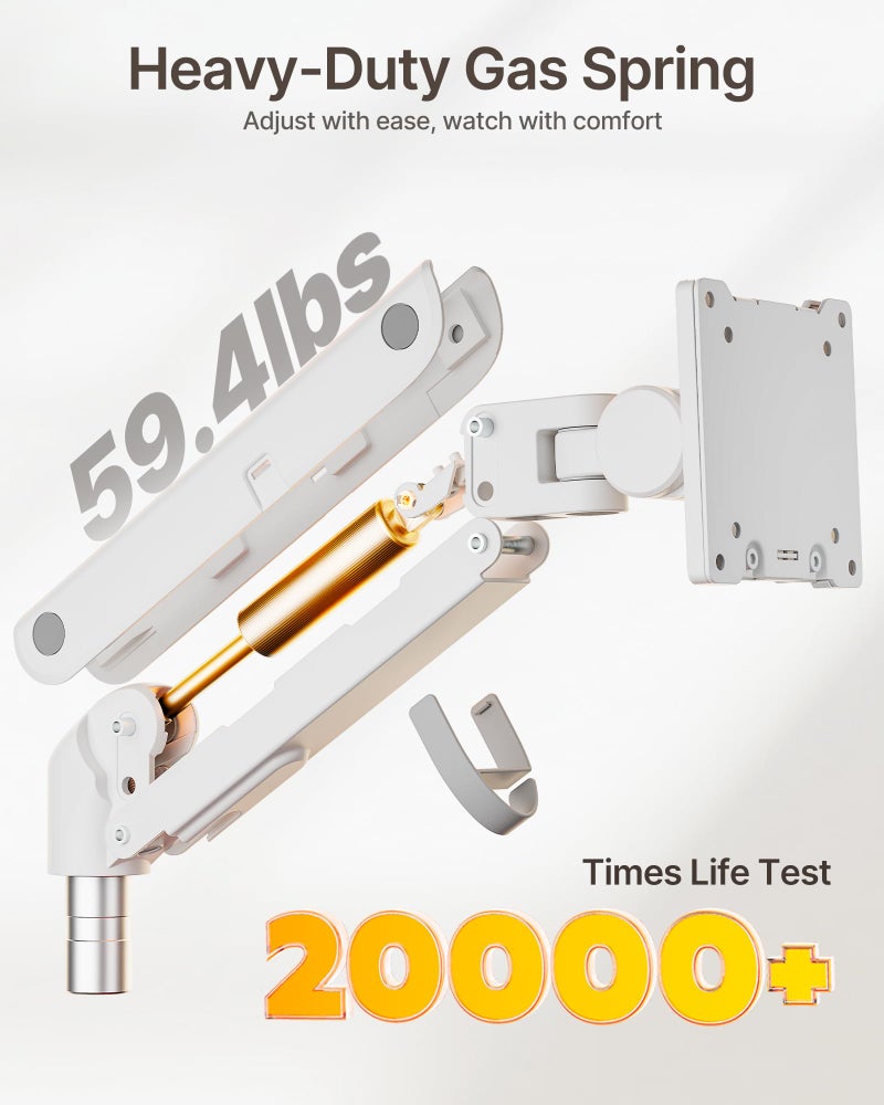 monTEK 17-57 Inch Dual Ultrawide Monitor Arm for Up to 59.4lbs Screen, Aluminum Heavy-Duty Gas Spring Vertical Stackable Curved Screen Adjustable Monitor Stand,75/100mm Vesa Mount, White - Image 4