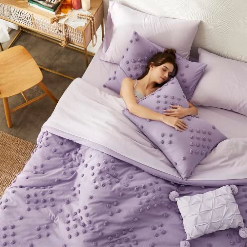 Geniospin Purple Twin/Twin XL Comforter Set for Girls- 5 Pieces Pom Tufted Bed in A Bag Twin Bedding Sets with Sheets, Pillowcases & Shams, All Season Kids Comforter Set - Image 2