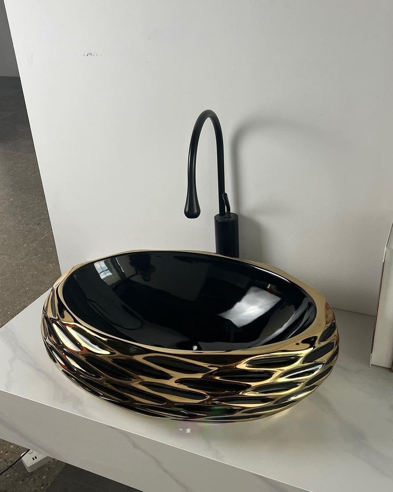 Qualito Black Golden Table Top Wash Basin for Bathroom Living Room Hall Dinning Room CountertopOver Counter Ceramic Vessel SinkBasin Wash Basin Black and Golden - Image 4