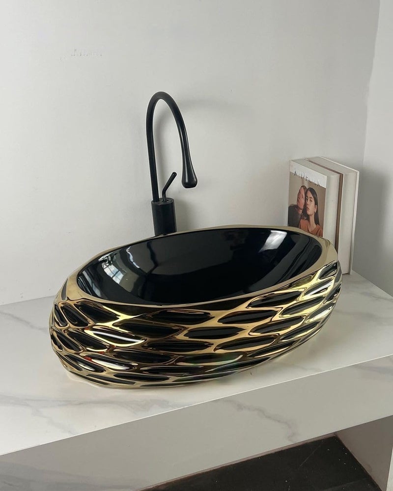 Qualito Black Golden Table Top Wash Basin for Bathroom Living Room Hall Dinning Room CountertopOver Counter Ceramic Vessel SinkBasin Wash Basin Black and Golden - Image 1