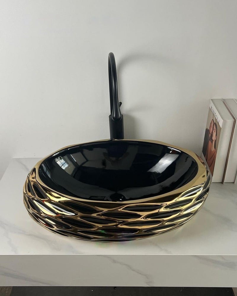Qualito Black Golden Table Top Wash Basin for Bathroom Living Room Hall Dinning Room CountertopOver Counter Ceramic Vessel SinkBasin Wash Basin Black and Golden - Image 2