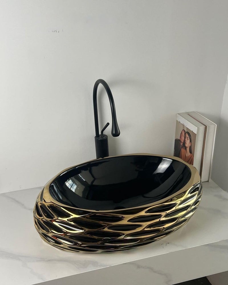 Qualito Black Golden Table Top Wash Basin for Bathroom Living Room Hall Dinning Room CountertopOver Counter Ceramic Vessel SinkBasin Wash Basin Black and Golden - Image 3