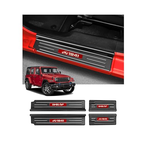 Bercicci 4PCS Door Sill Guards for Jeep 2018-2026 Wrangler JL JLU & 2020-2026 Gladiator JT Accessories Stainless Steel Material Red Trim Door Sill Protector Carbon Fiber Front Rear Door Entry Guard - Image 1