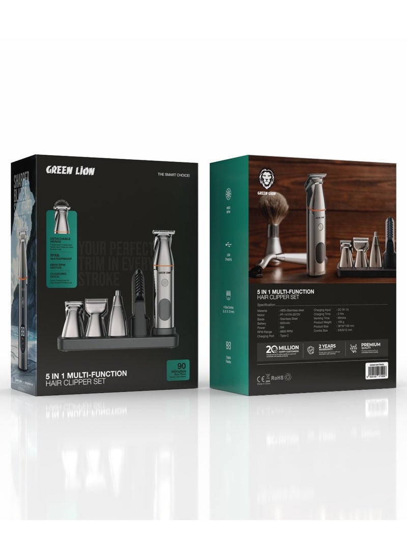 5 In 1 Multi Function Hair Clipper Set Multifunctional Replaceable Heads 600mAh Battery Waterproof IPX6 With Charging Base and LED Display-Black